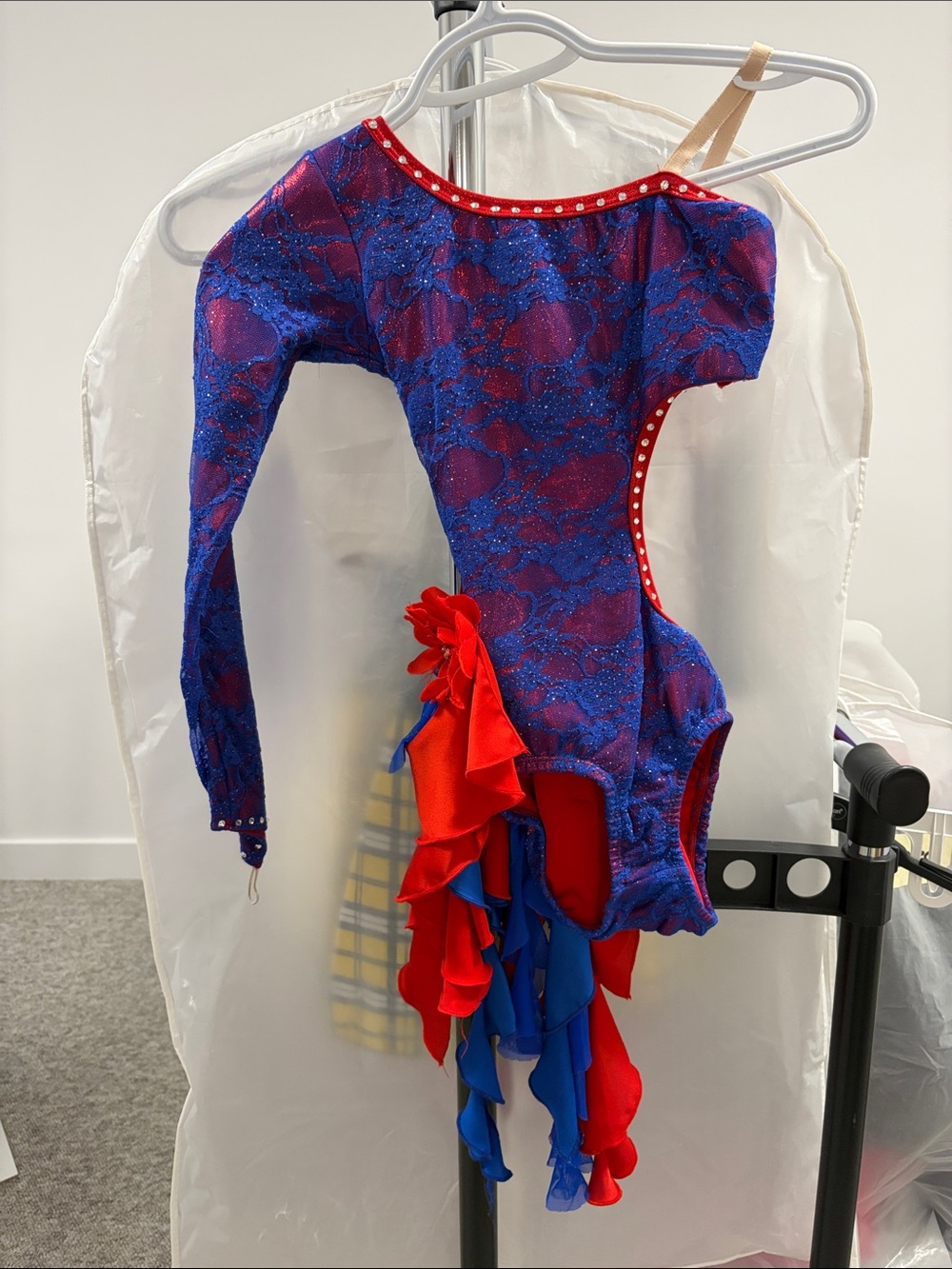 Girls One-Shoulder Dance Costume in Blue & Red
